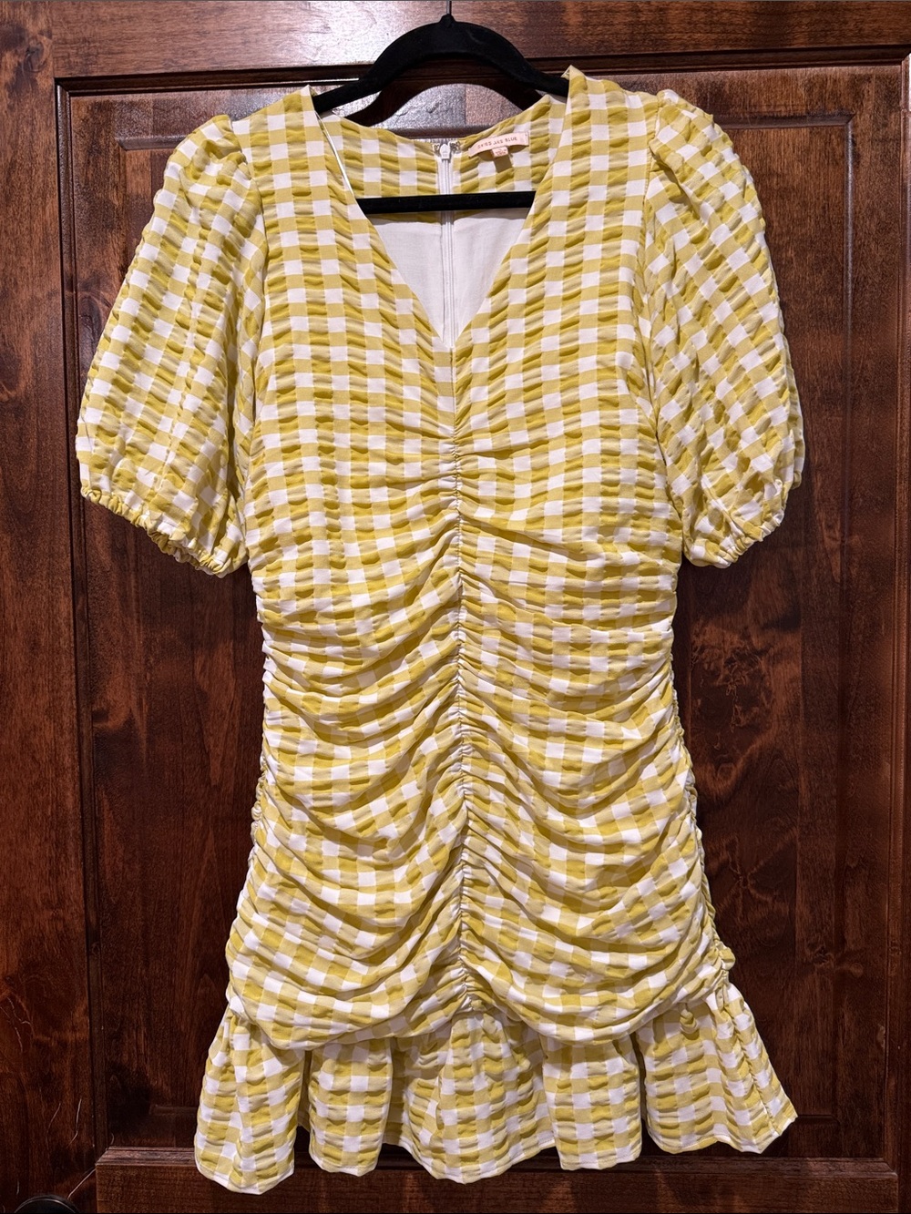 Skies Are Blue Yellow and White Gingham Ruched Puff-Sleeve Tunic